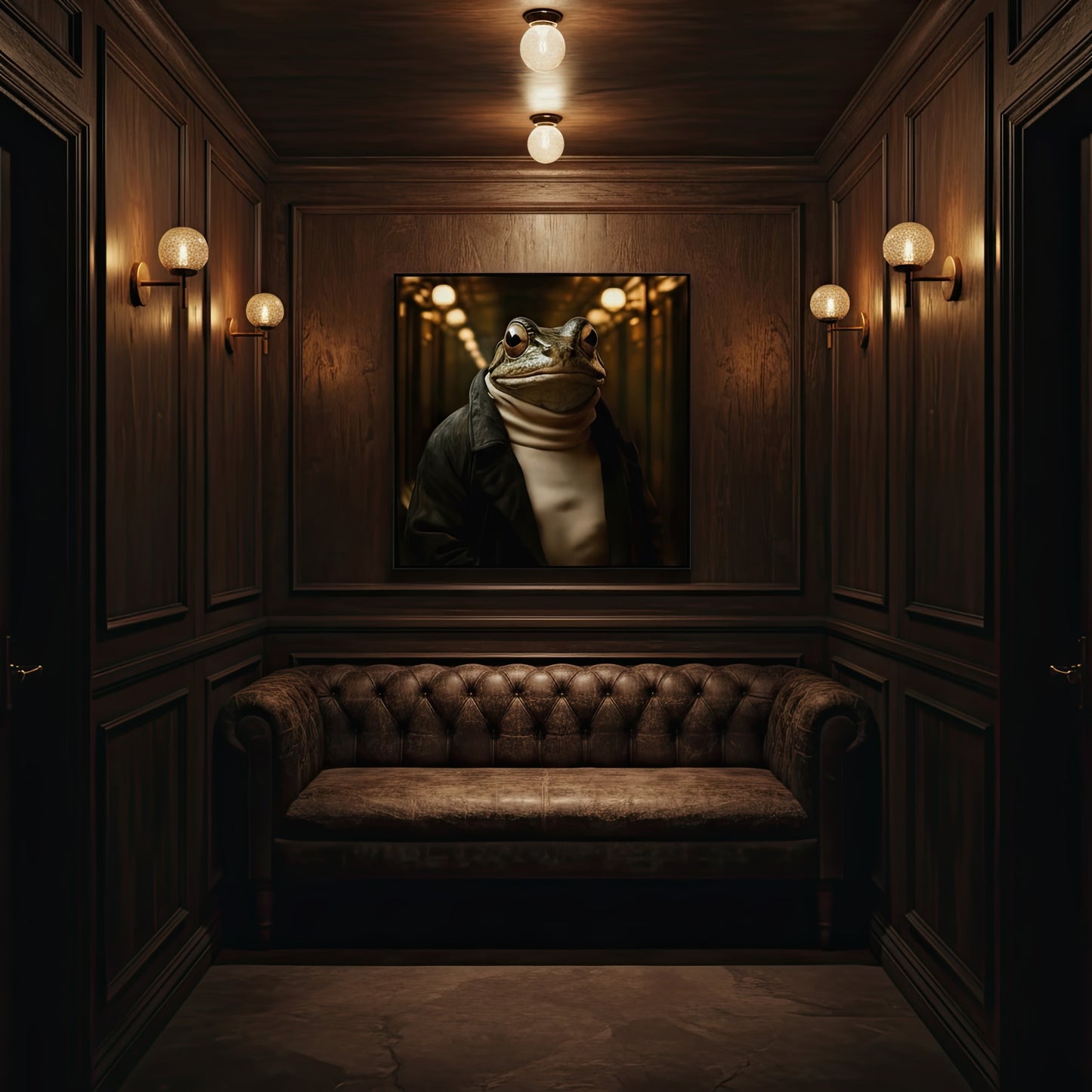 Dark room with wooden walls, a brown leather sofa, and a framed picture of a frog wearing a turtleneck sweater.