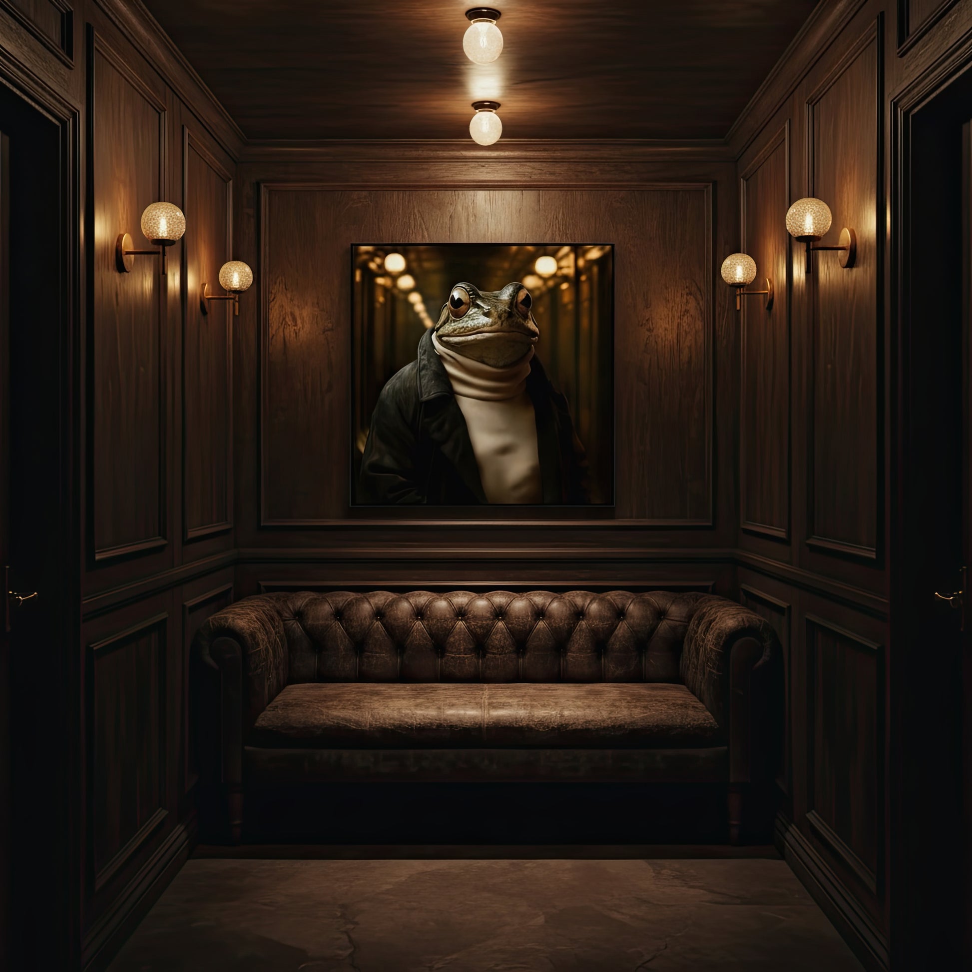 Dark room with wooden walls, a brown leather sofa, and a framed picture of a frog wearing a turtleneck sweater.