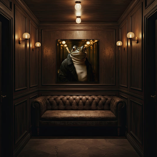 Dark room with wooden walls, a brown leather sofa, and a framed picture of a frog wearing a turtleneck sweater.