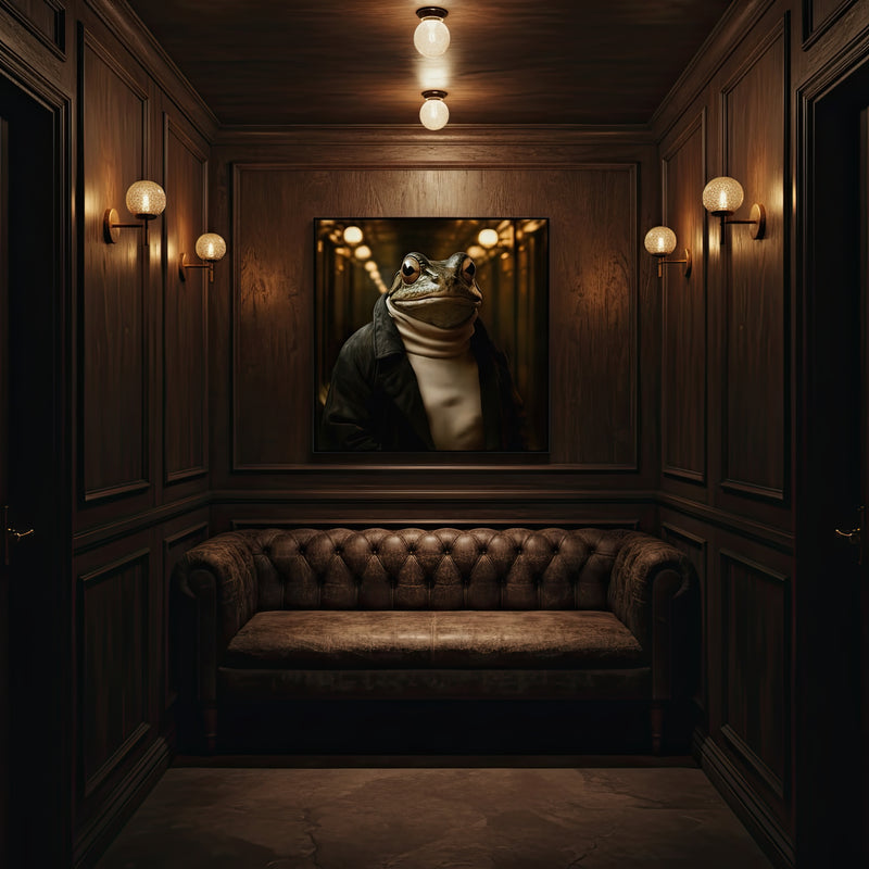 Dark room with wooden walls, a brown leather sofa, and a framed picture of a frog wearing a turtleneck sweater.
