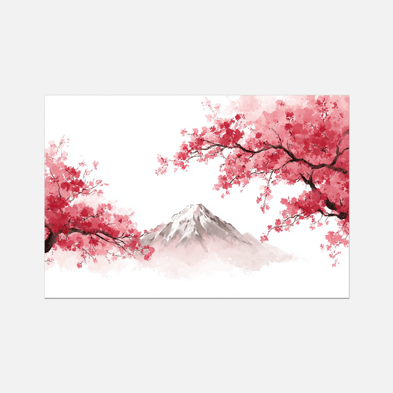 Art print of cherry blossoms with Mt Fuji in the background on a white background