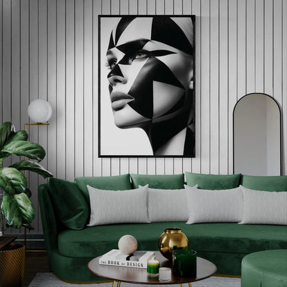 Modern living room with green sofa and white pin stripe wall. Black framed close-up portrait of a woman's face with dramatic black and white geometric face paint and makeup, shown against a plain white background.