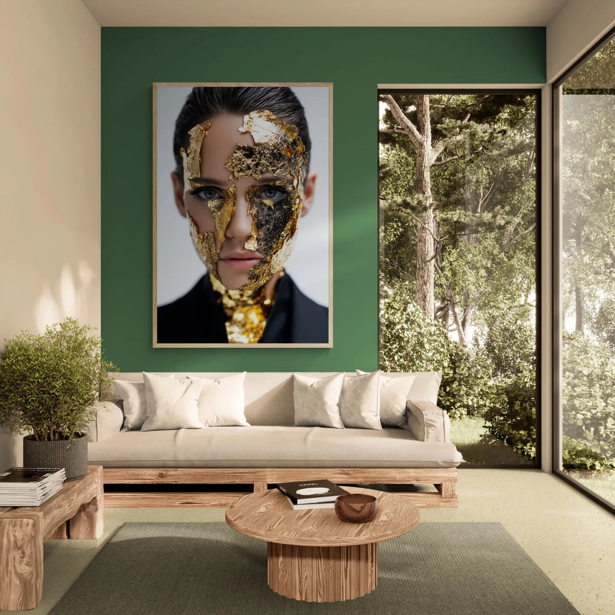 A large framed wall art print featuring a stylized portrait of a woman with the best gold and black metallic face paint, displayed on a dark green wall above a light beige sofa in a modern living room with large windows showing a forest view.