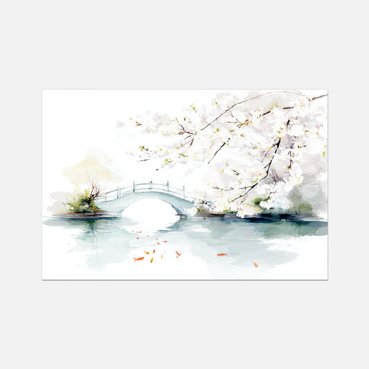 Artistic depiction of a bridge over water with cherry blossom trees on a white background
