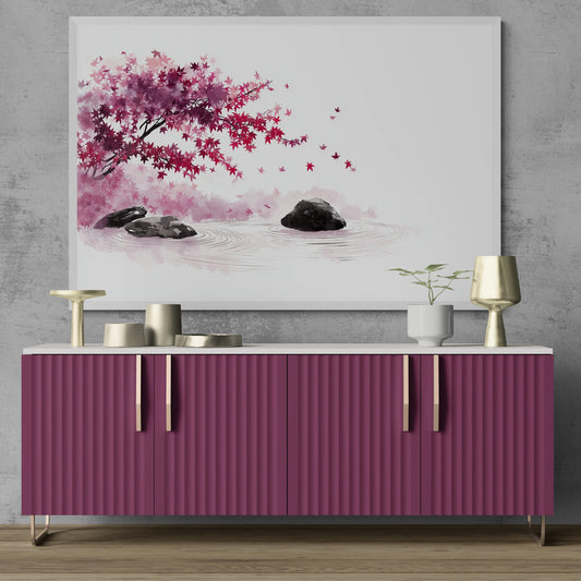 The best Australian hallway of 2026 with timber floor, purple console, light textured concrete wall and Japandi style white framed artwork of a cherry blossom tree with pink flowers and three rocks in water on a white background.