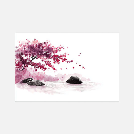 A rectangular art print featuring a watercolor-style scene of pink cherry blossoms, dark rocks, and ripples on a white background, shown against a light gray backdrop.