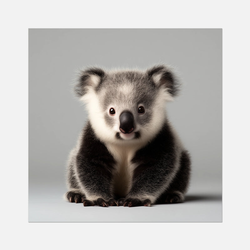 A square art print featuring a cute, fluffy koala bear sitting against a solid gray background, framed by a white border.