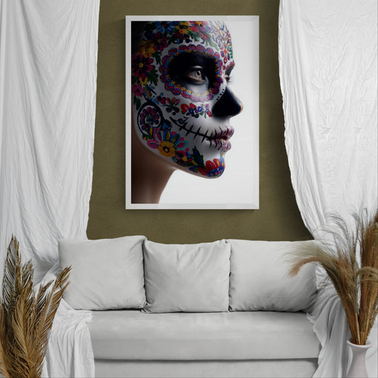 A framed wall art print showing a woman's face in colorful floral sugar skull makeup, displayed above a white sofa in a styled room with white drapes and pampas grass.