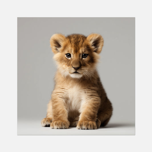 Cute lion cub sitting on a light gray background