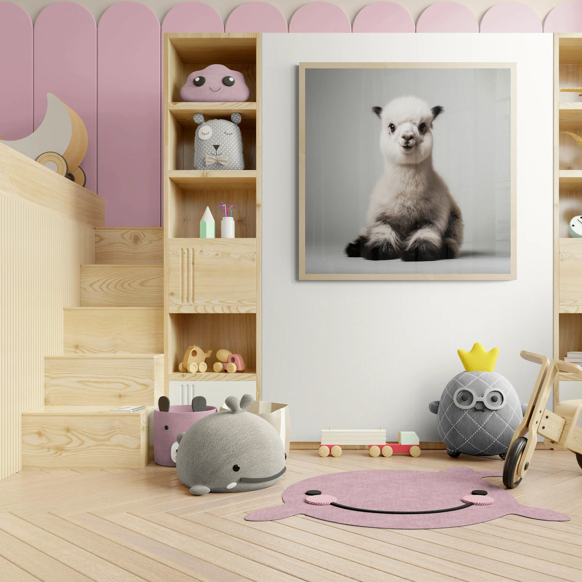 Children's room with wooden shelves, plush toys, and a framed picture of a llama.