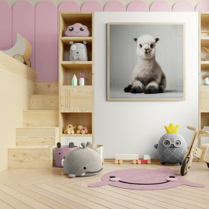 Children's room with wooden shelves, plush toys, and a framed picture of a llama.