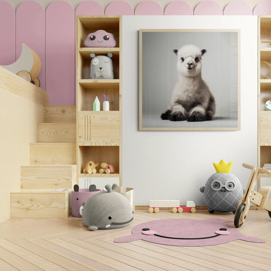Children's room with wooden shelves, plush toys, and a framed picture of a llama.