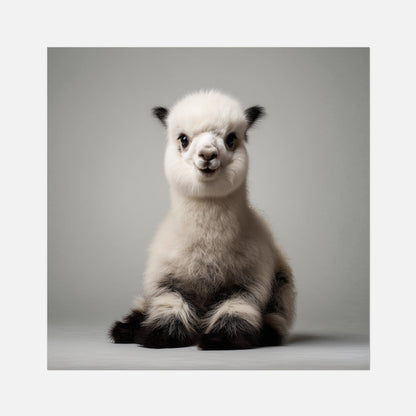 White creature with black accents sitting on a gray background