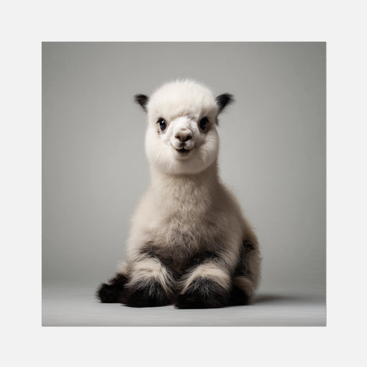 White creature with black accents sitting on a gray background