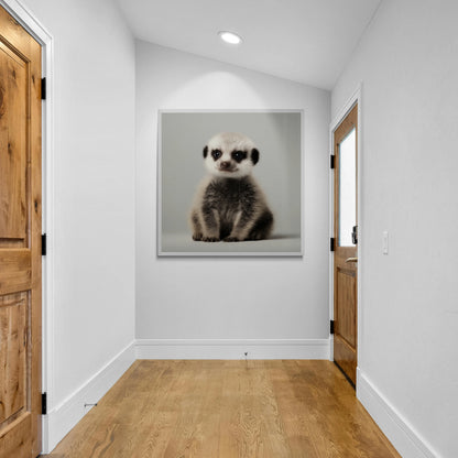 Framed picture of a meerkat on a wall in a hallway with wooden floors and doors.