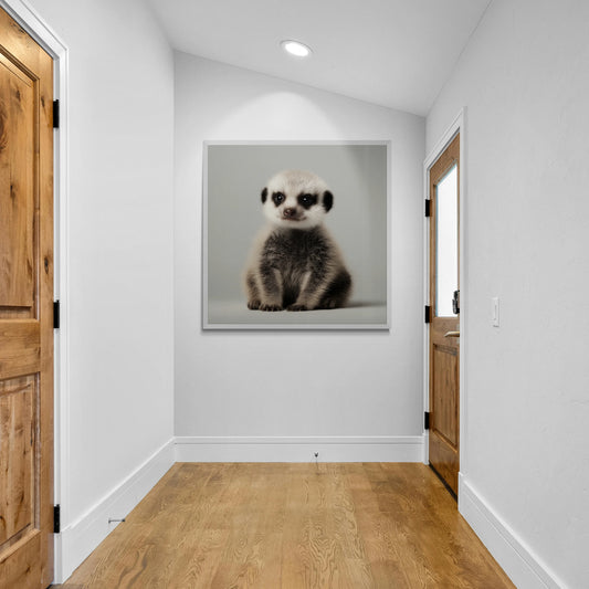 Framed picture of a meerkat on a wall in a hallway with wooden floors and doors.