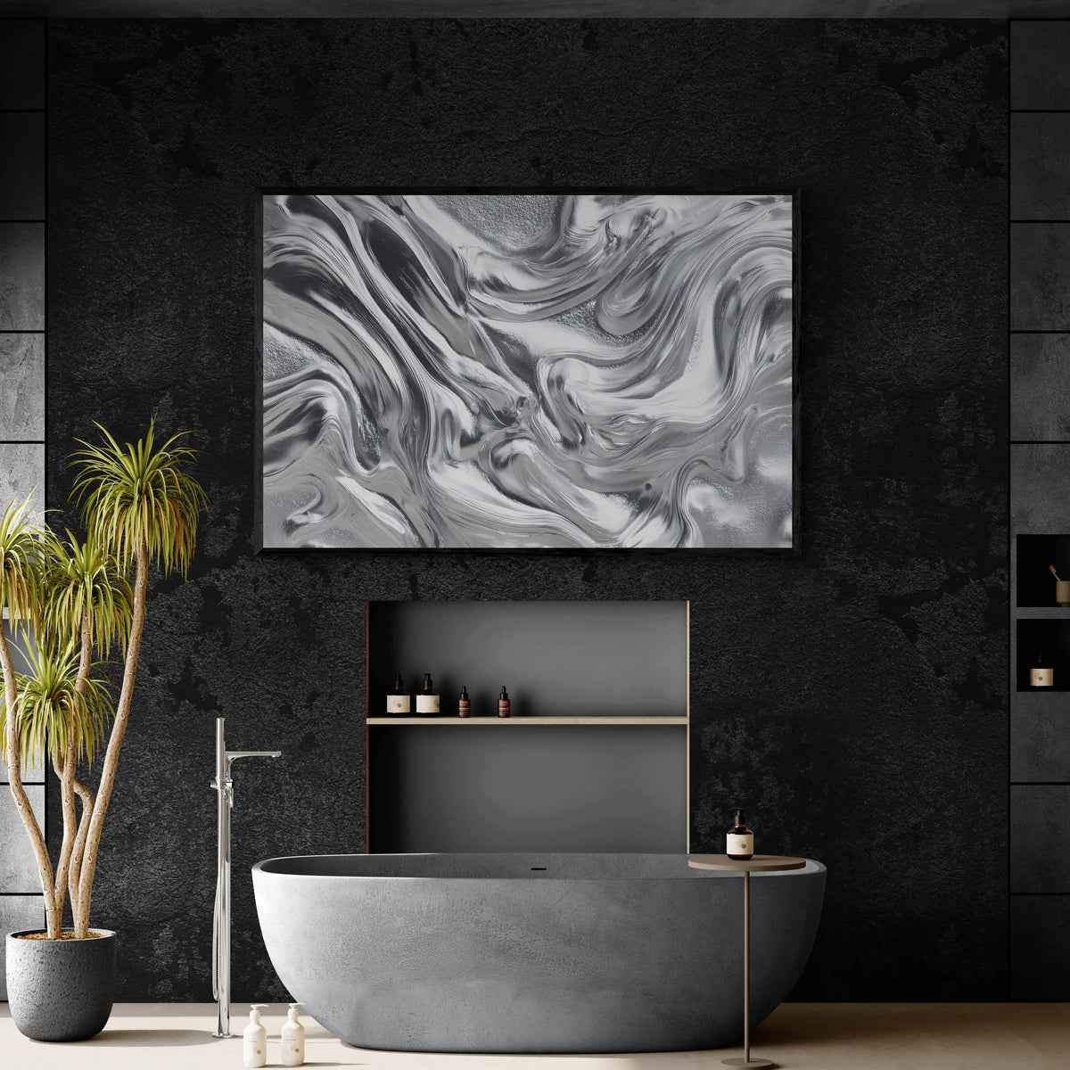 The best modern bathroom with a freestanding bathtub, abstract wall art, and minimal decor.