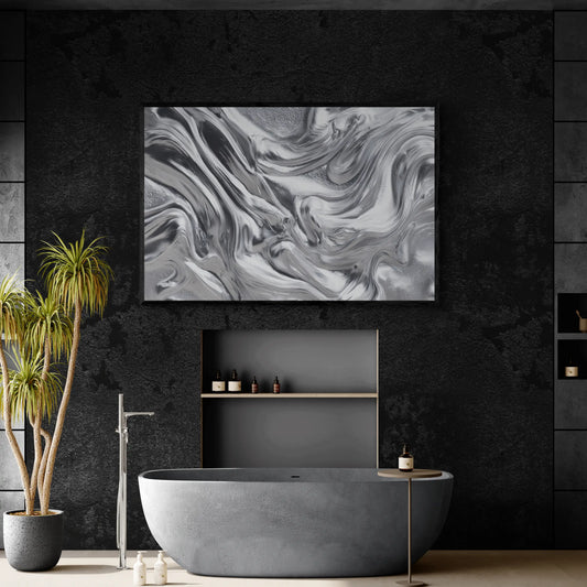 The best modern bathroom with a freestanding bathtub, abstract wall art, and minimal decor.