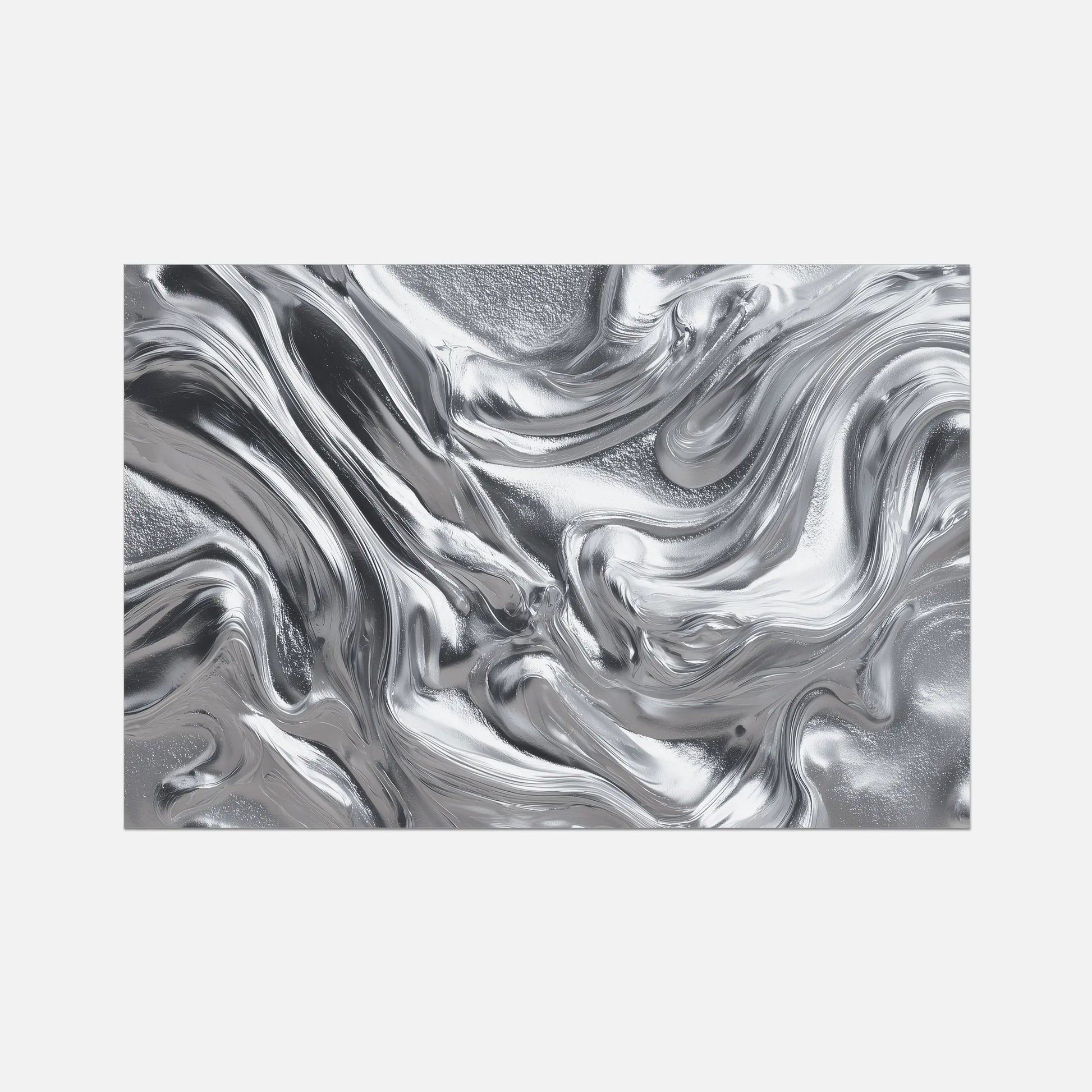 An abstract rectangular artwork featuring swirling metallic silver and gray liquid-like patterns on a light gray background.