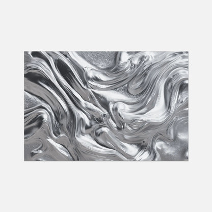 An abstract rectangular artwork featuring swirling metallic silver and gray liquid-like patterns on a light gray background.