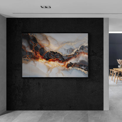 Abstract art piece featuring white marble, black scorches and fiery molten streams with a black frame positioned on a black textured wall in the best modern living area