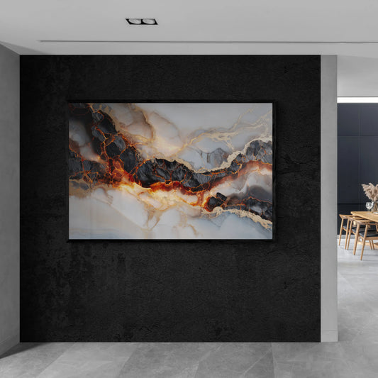 Abstract art piece featuring white marble, black scorches and fiery molten streams with a black frame positioned on a black textured wall in the best modern living area