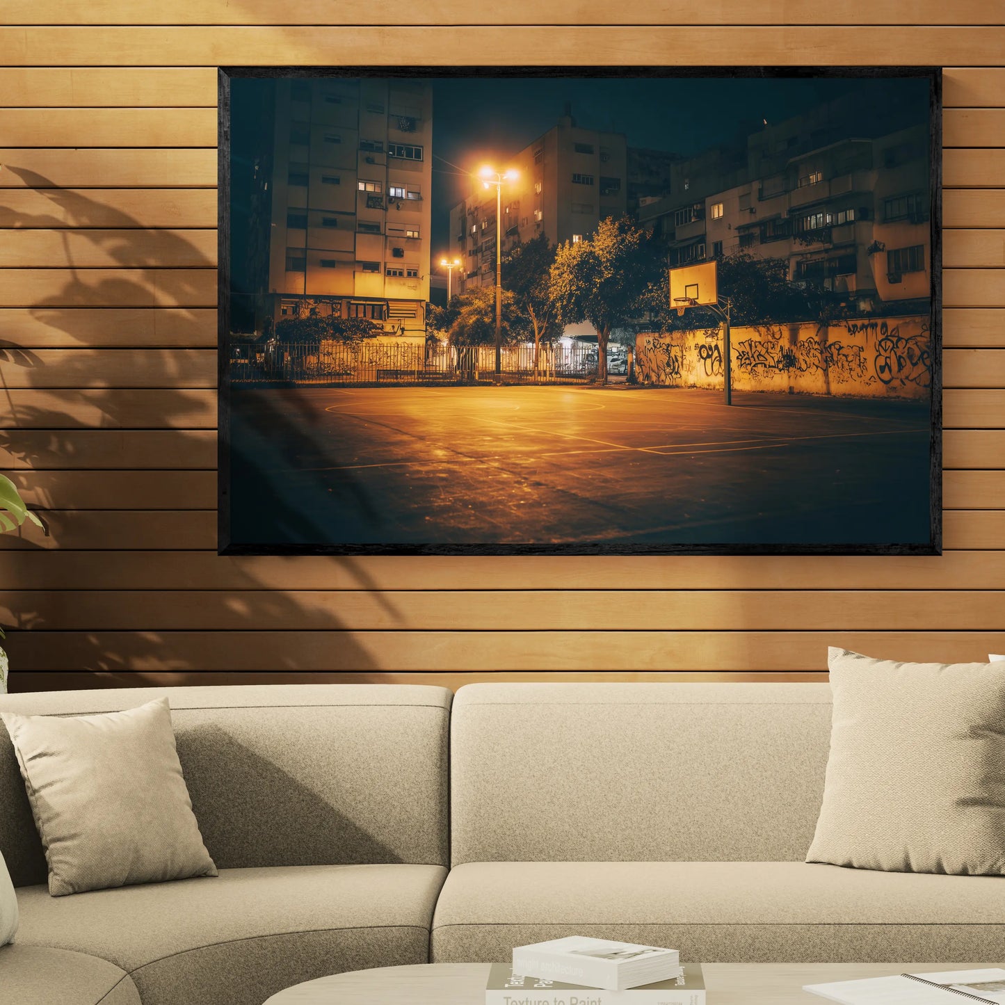 Living room with a large framed picture of an urban street scene on a wooden wall.
