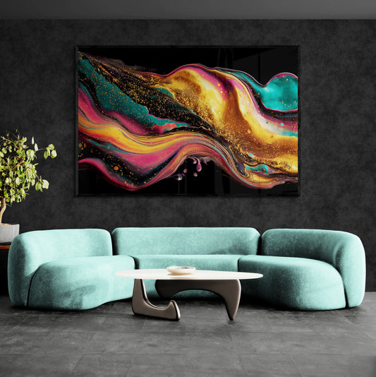 The best modern living room with a black framed abstract art print with colorful wavy design featuring yellow, pink, turquoise and pink on a black background