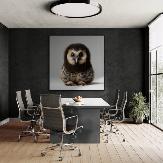 Modern office with a large framed picture of an owl on the wall.