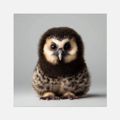 Young owl with dark feathers and white face on a gray background