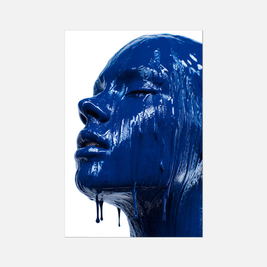 Blue artistic depiction of a face with a white background