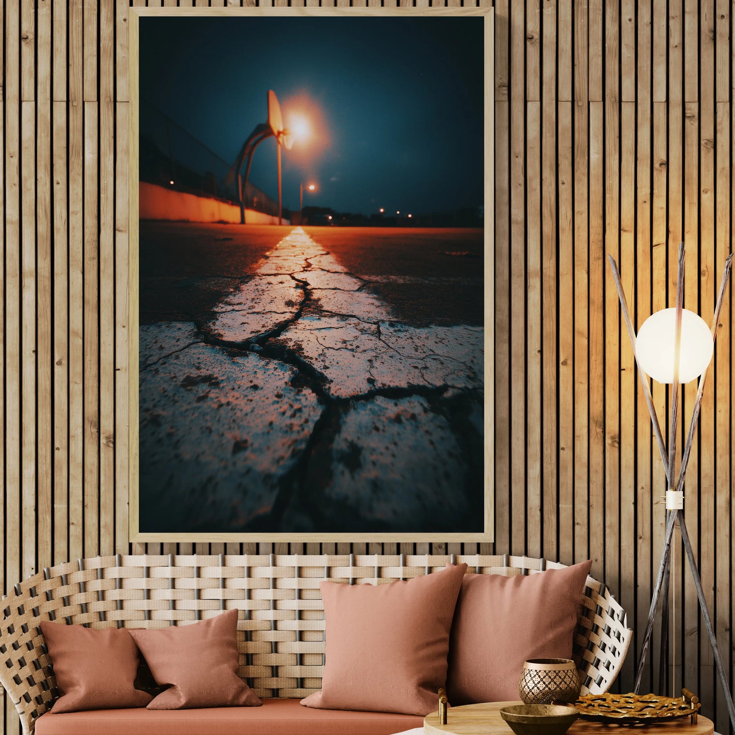 A large framed wall art print depicting a cracked road at night with a bright streetlight, displayed in a modern living room setting with a wooden slat wall, woven sofa, and a floor lamp.
