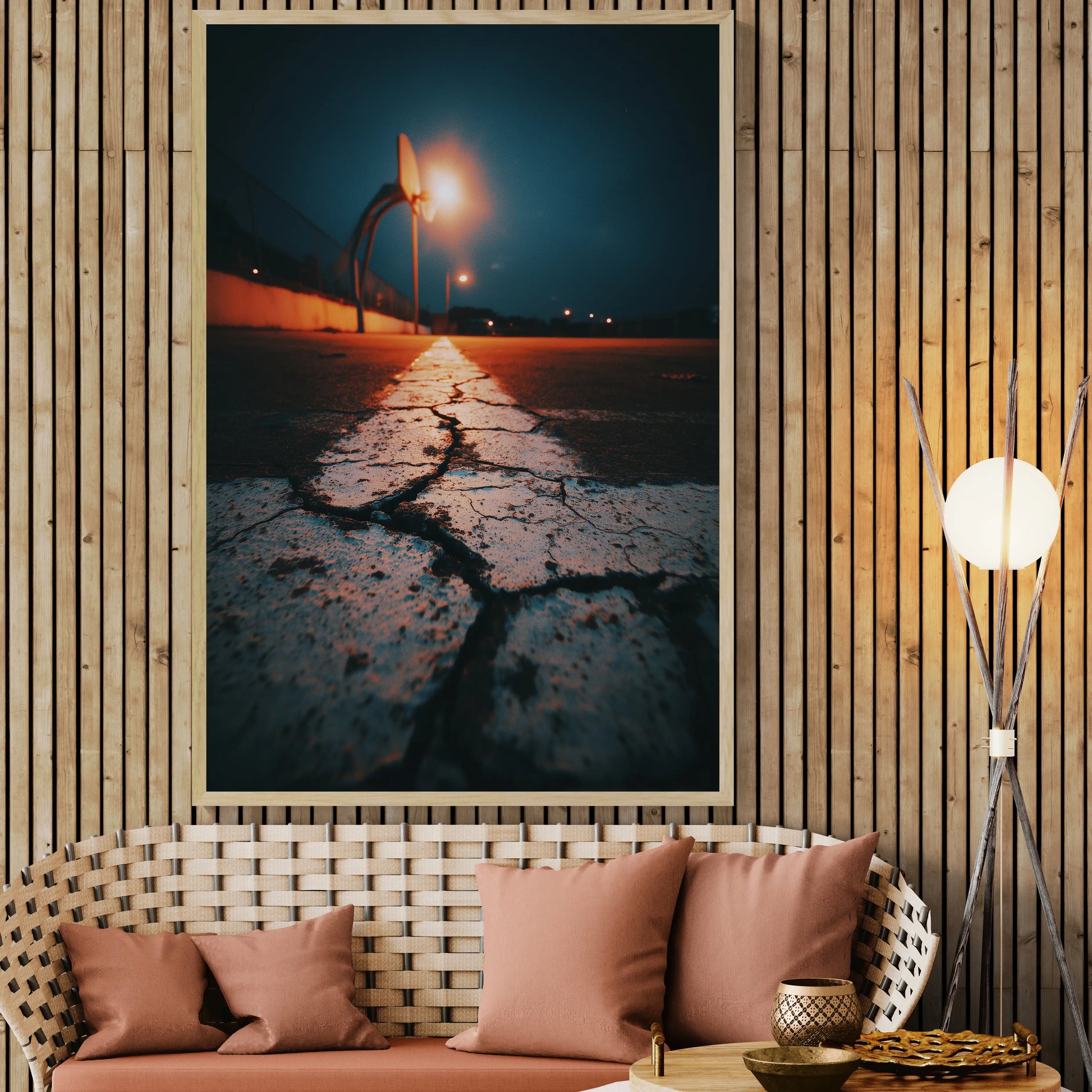 A large framed wall art print depicting a cracked road at night with a bright streetlight, displayed in a modern living room setting with a wooden slat wall, woven sofa, and a floor lamp.