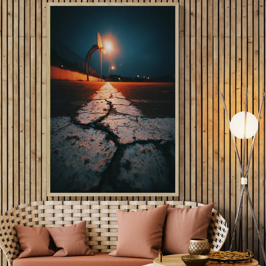 A large framed wall art print depicting a cracked road at night with a bright streetlight, displayed in a modern living room setting with a wooden slat wall, woven sofa, and a floor lamp.