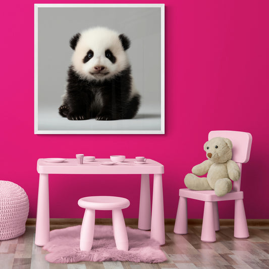 Children's playroom with pink furniture, teddy bear, and panda framed print on a pink wall.