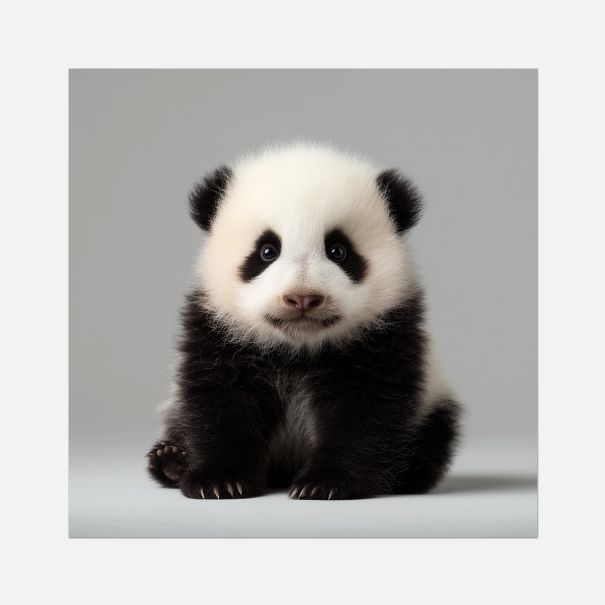 Cute panda cub sitting on a light gray background