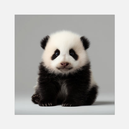 Cute panda cub sitting on a light gray background