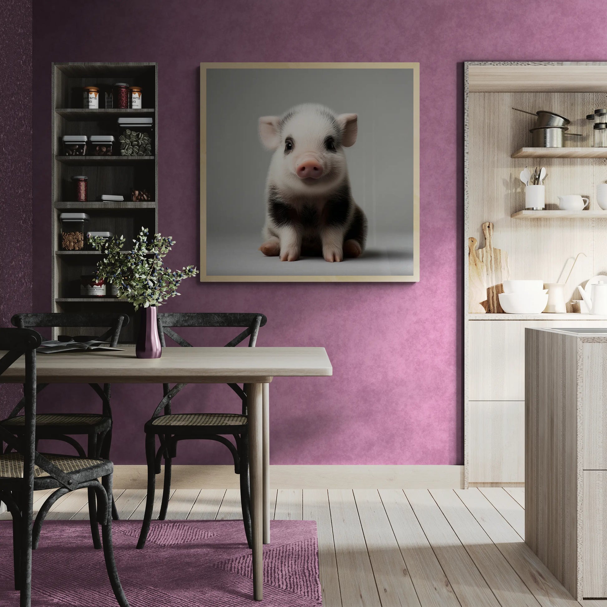 The best dining room in Australia with a purple wall featuring a black framed wall art of a small piglet on a gray background