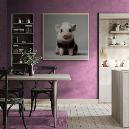 The best dining room in Australia with a purple wall featuring a black framed wall art of a small piglet on a gray background