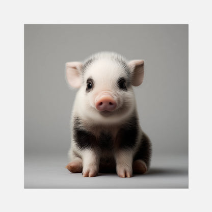 A square art print featuring a cute, black-and-white piglet sitting against a neutral gray background, centered with a white border.