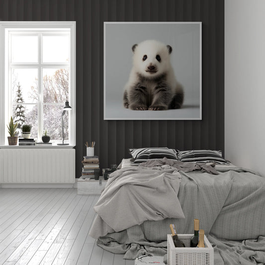 A winter cottage bedroom with a white framed print of a cute panda cub sitting on a light gray background