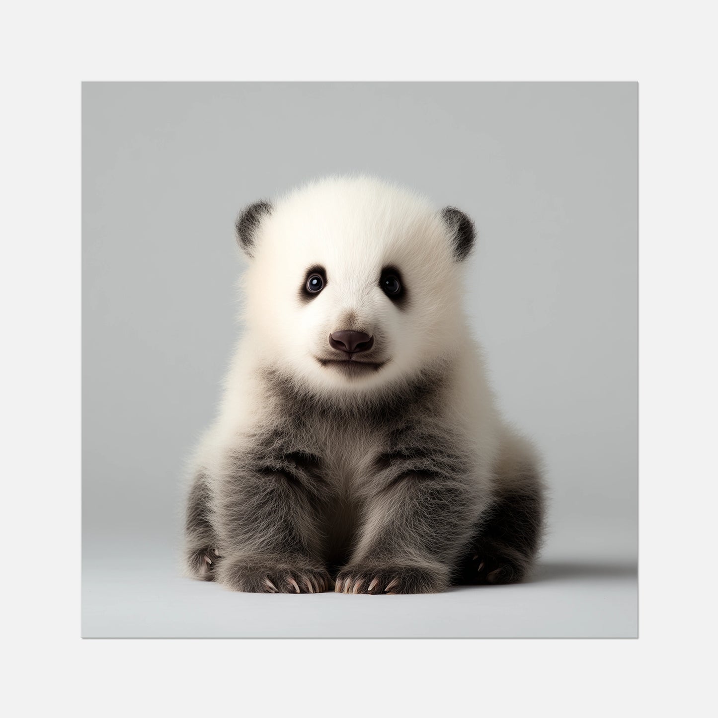 Fine art print of a baby panda bear on a grey background
