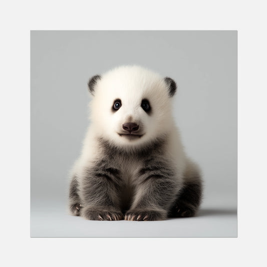 Fine art print of a baby panda bear on a grey background