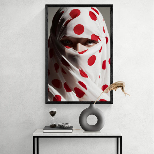 A framed wall art print featuring a close-up portrait of a woman's eyes and a white veil with large red polka dots, displayed above a console table with a vase and small decor objects against a light gray wall.