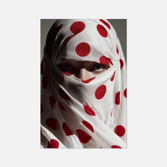 Person wearing a white headscarf with red polka dots, covering their face.