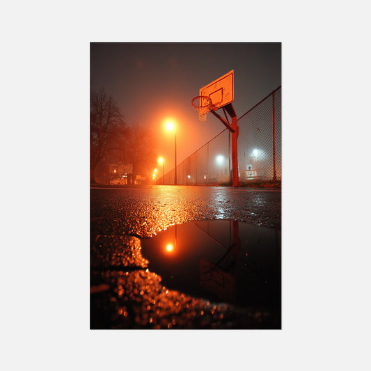 Basketball hoop on a court at night with streetlights reflecting on the ground.
