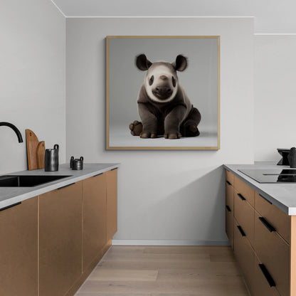 Kitchen interior with a natural oak framed artwork of a cute baby Rhino on a grey background