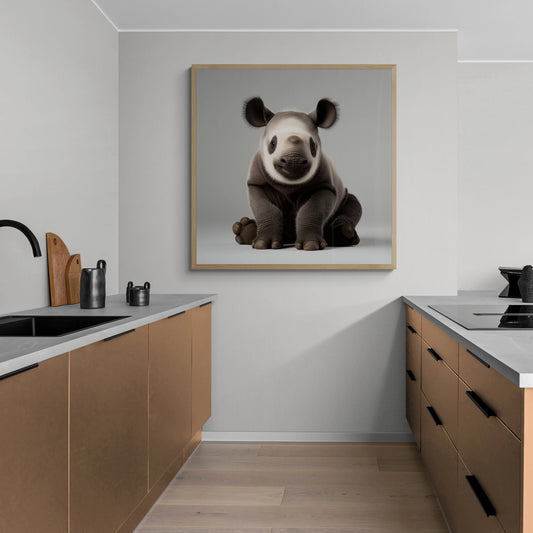 Kitchen interior with a natural oak framed artwork of a cute baby Rhino on a grey background