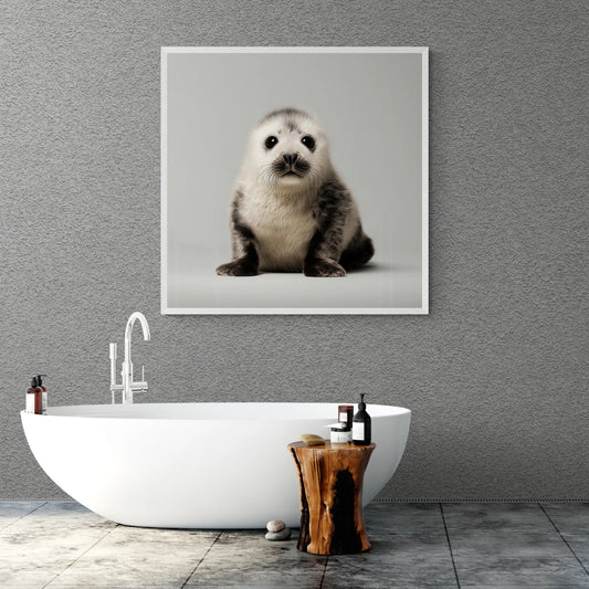 Bathroom interior with a white framed wall art featuring a seal cub on the wall.