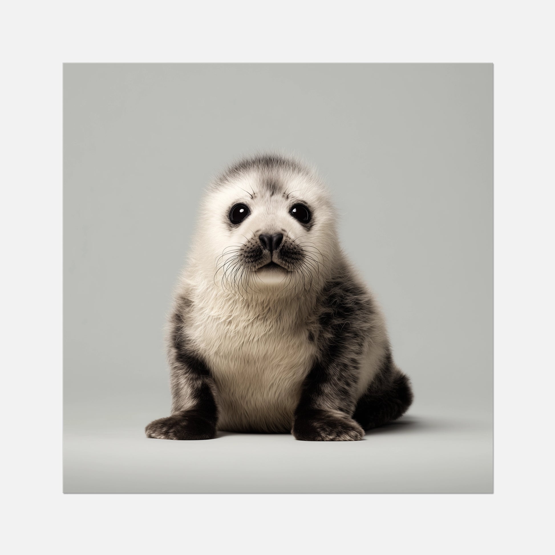 A fine art print featuring a cute seal pup sitting against a light gray background.